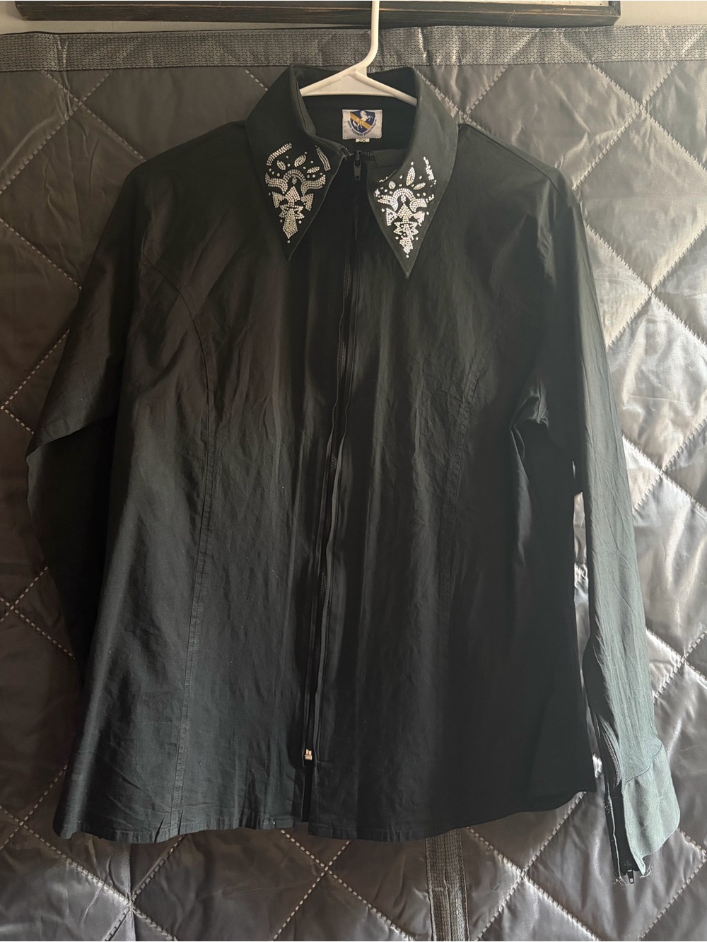 women’s Black zip up Shirt with Embroidered Point Collar. horsemanship shirt
